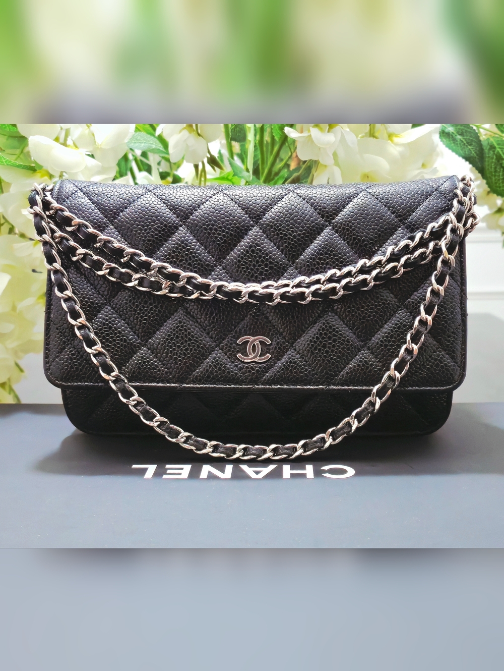 Chanel Classic Quilted Caviar Leather Wallet On Chain With Silver Hardware